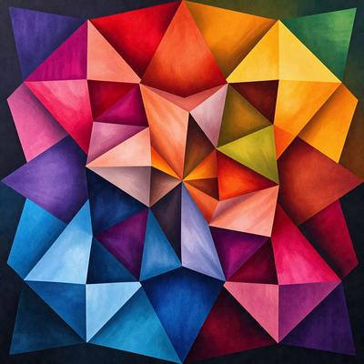 The primary subject of the image is a large, colorful, geometric artwork. The setting is a black background, which contrasts with the vibrant colors of the artwork. The visual style appears to be a combination of digital art and illustration, creating a unique and eye-catching pattern. The dominant colors in the artwork are blue, orange, and yellow, which contribute to a lively and energetic atmosphere.